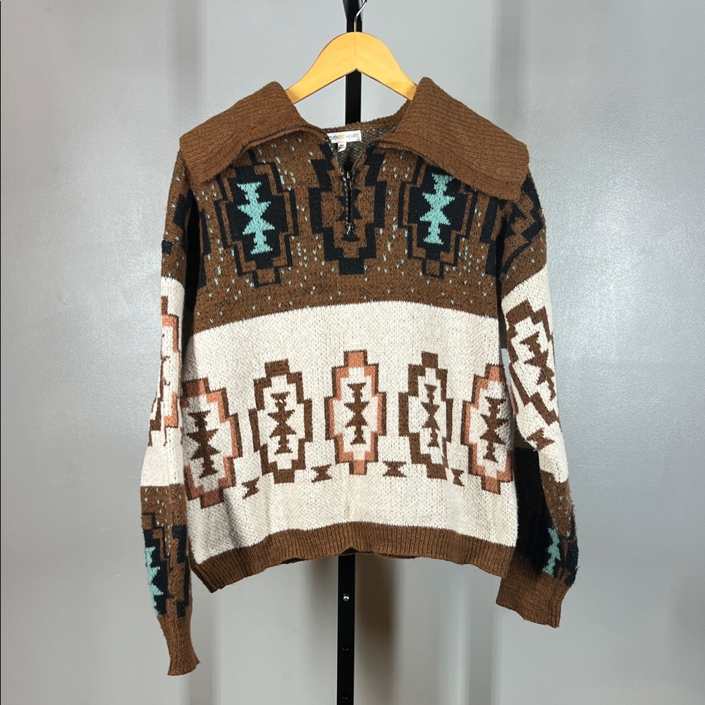 Woven Heart Brown and Cream Geometric Sweater